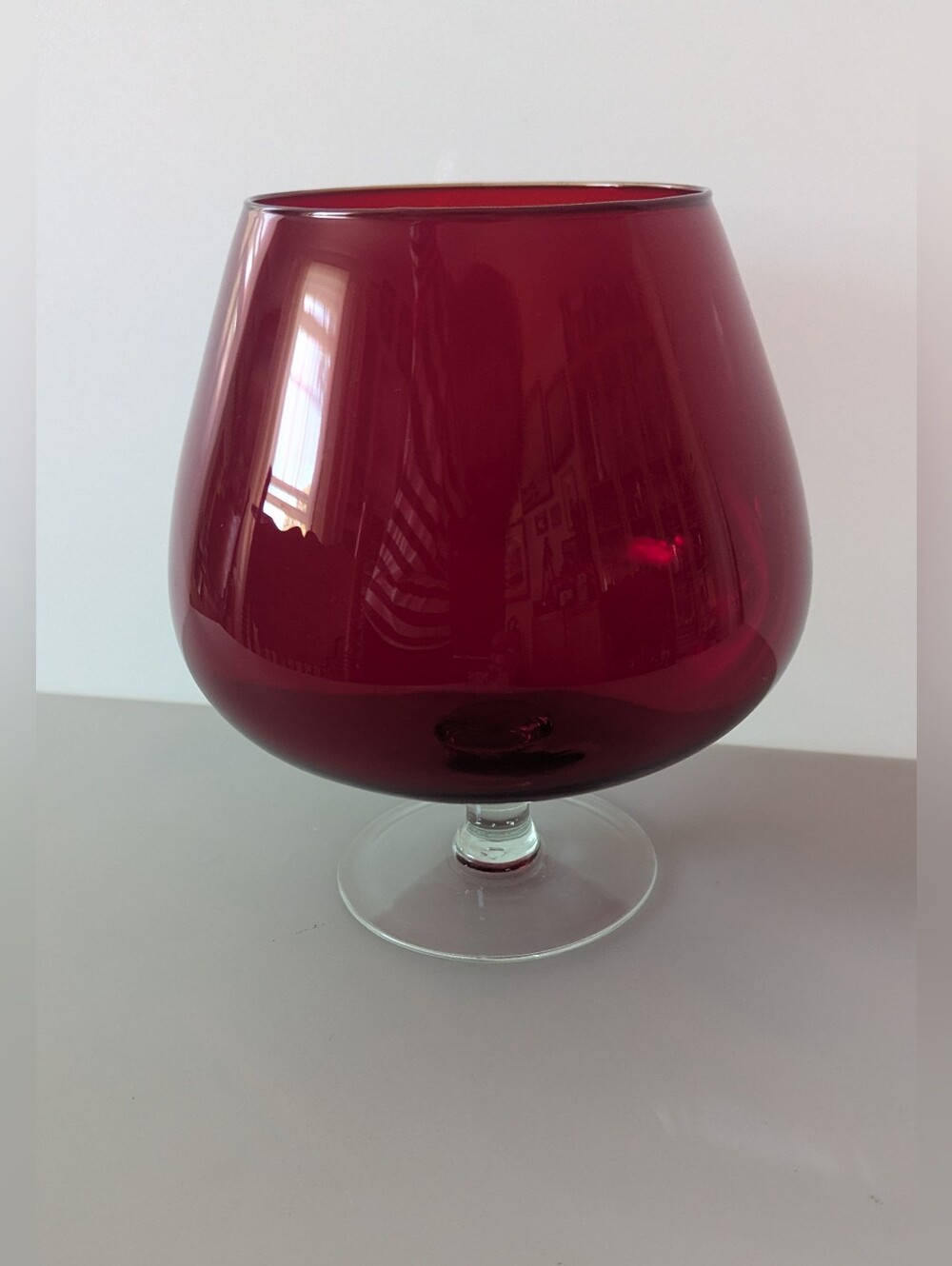 Mid Century Hand Blown Glass Ruby Red Brandy Snifter Balloon Vase 6.5"H, 5.5"D